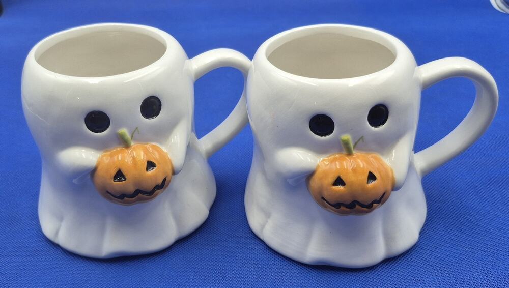 Two Ceramic Mugs White Ghosts Holding Pumpkins 17oz World Market